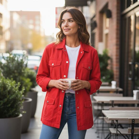 Vintage 90s Liz Claiborne Jeans Red Utility Jacket Size Medium - Safari Style - Picture 1 of 7
